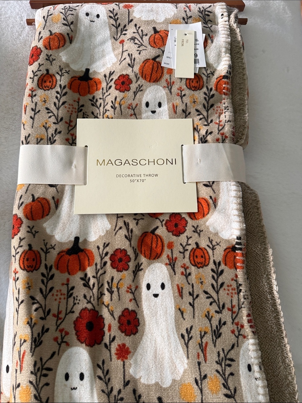 MAGASCHONI Halloween Ghost & Pumpkin P Throw - Beige/White/Orange